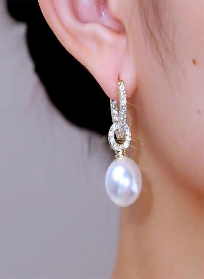 MarveBard Pearl Earrings for Women Zircon Pearl Dangle Drop Earrings Gold Huggie Hoop Earrings Circular Temperment Banquet Jewelry (Gold) - Image 4