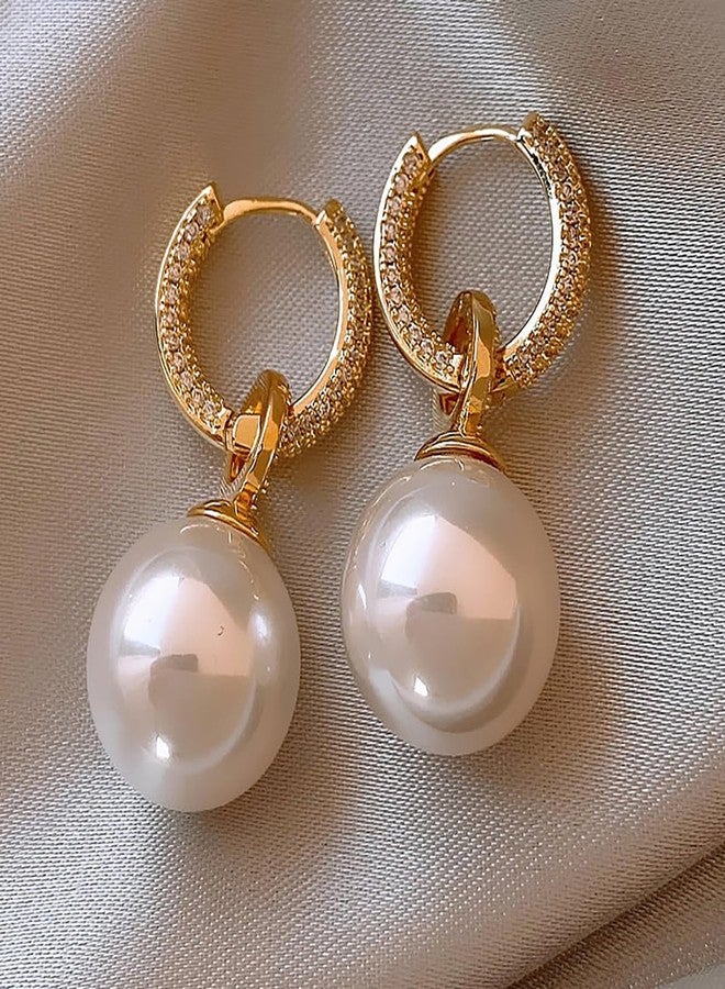 MarveBard Pearl Earrings for Women Zircon Pearl Dangle Drop Earrings Gold Huggie Hoop Earrings Circular Temperment Banquet Jewelry (Gold) - Image 5