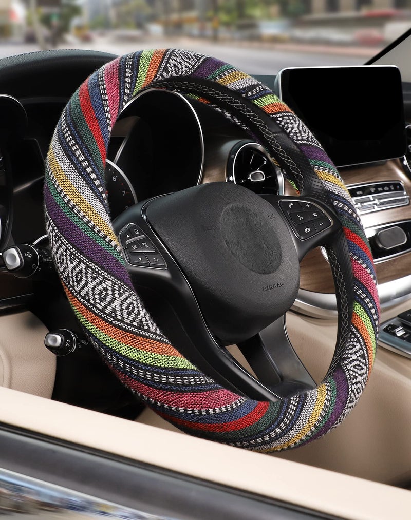 SEG Direct Boho Steering Wheel Cover with Baja Blanket Cloth, Ethnic Style Auto Wheel Cover Made of Coarse Flax, Fits 14 1/2-15 1/4 inches Car Wheel - Image 5
