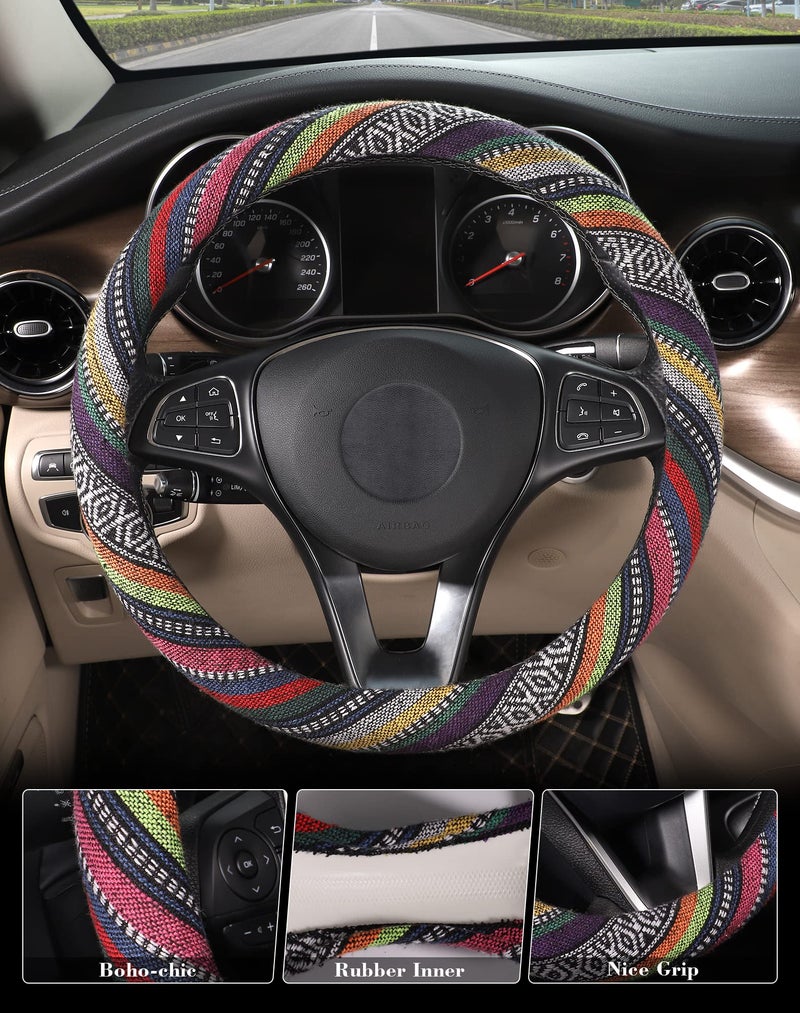 SEG Direct Boho Steering Wheel Cover with Baja Blanket Cloth, Ethnic Style Auto Wheel Cover Made of Coarse Flax, Fits 14 1/2-15 1/4 inches Car Wheel - Image 3