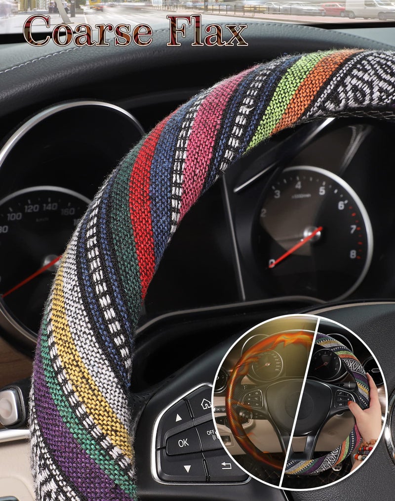 SEG Direct Boho Steering Wheel Cover with Baja Blanket Cloth, Ethnic Style Auto Wheel Cover Made of Coarse Flax, Fits 14 1/2-15 1/4 inches Car Wheel - Image 4