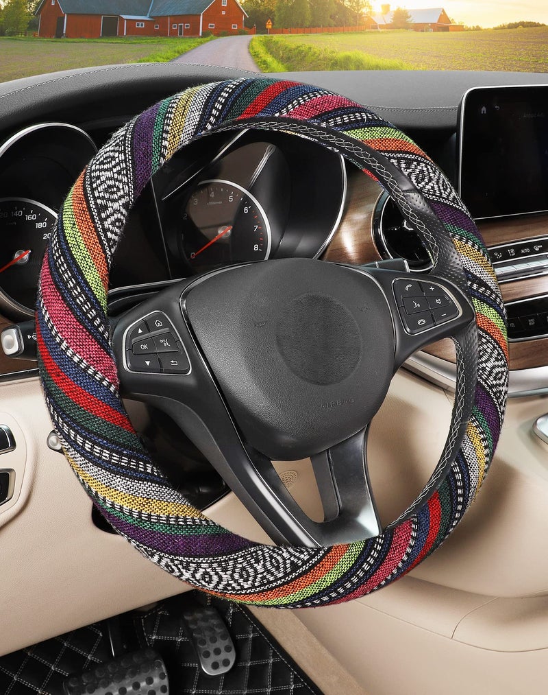 SEG Direct Boho Steering Wheel Cover with Baja Blanket Cloth, Ethnic Style Auto Wheel Cover Made of Coarse Flax, Fits 14 1/2-15 1/4 inches Car Wheel - Image 1