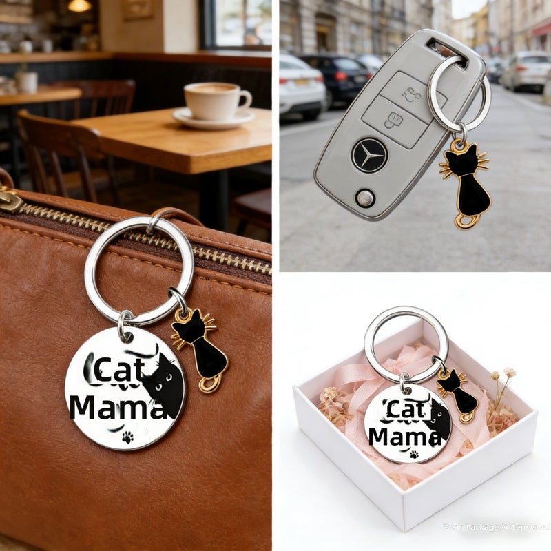 cat mama thanksgiving mother's day stainless steel keychain cat accessories export  hit - Image 2
