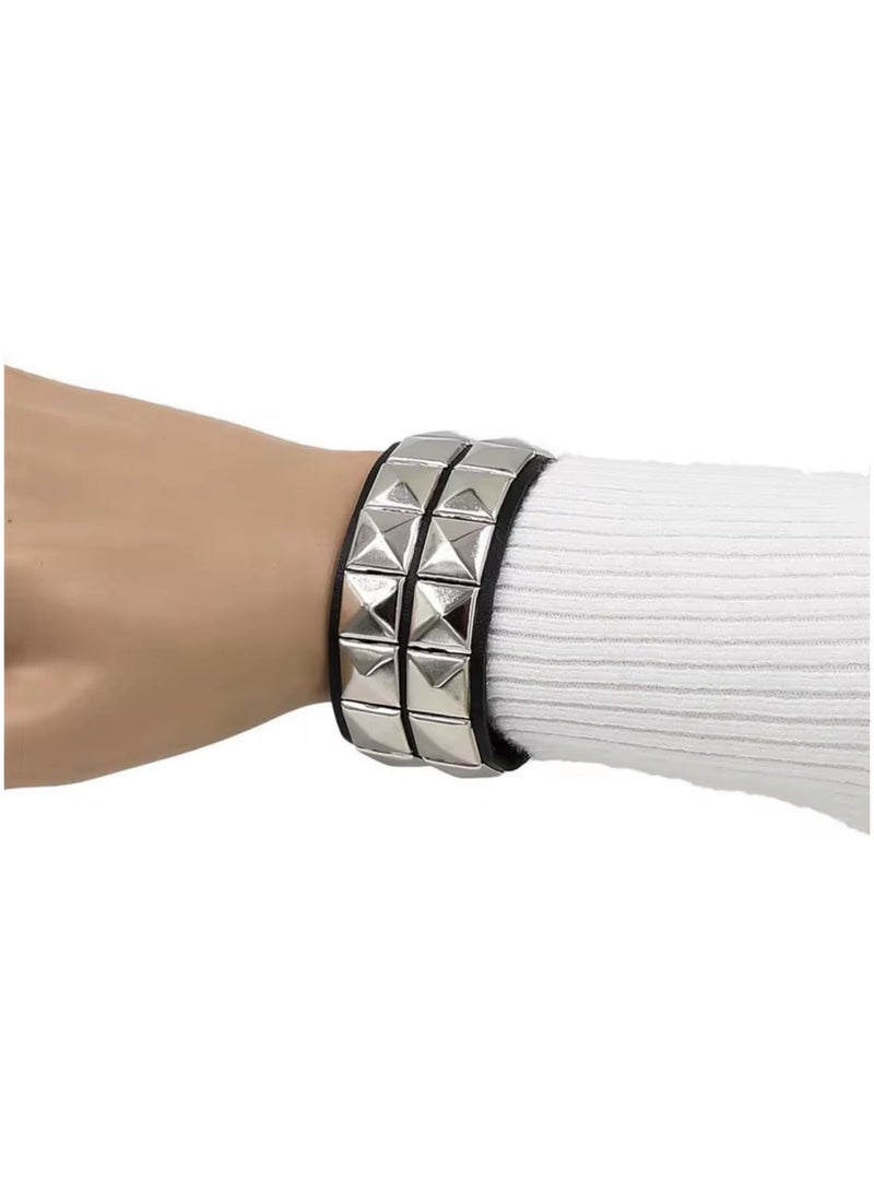 SOLDOUT Fashion Pu Leather Cuff Bracelet Punk Bracelet Rock Braided Rivets Wristband for Men Women Unisex Adjustable (Silver, Small) - Image 2