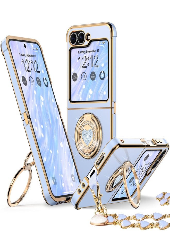 XYZ جراب XYZ لهاتف سامسونج جالاكسي Z Flip 6 مع حامل، جراب هاتف Z Flip 5 مع حلقة مزدوجة وحزام، غطاء حماية فاخر مزين بقلب لامع لطيف للنساء والفتيات لهاتف سامسونج Z Flip 6/5، أزرق - Image 1