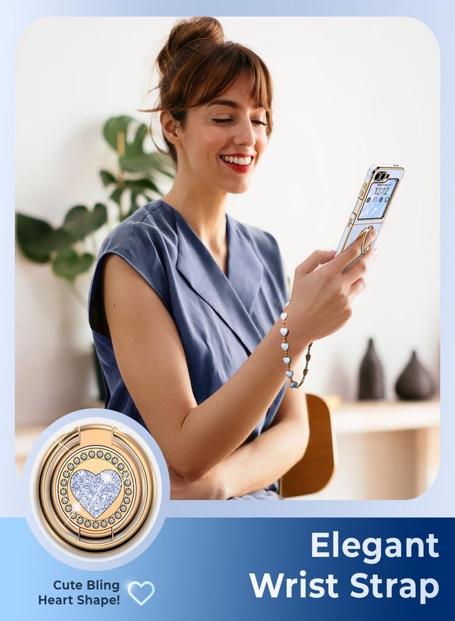 XYZ جراب XYZ لهاتف سامسونج جالاكسي Z Flip 6 مع حامل، جراب هاتف Z Flip 5 مع حلقة مزدوجة وحزام، غطاء حماية فاخر مزين بقلب لامع لطيف للنساء والفتيات لهاتف سامسونج Z Flip 6/5، أزرق - Image 4