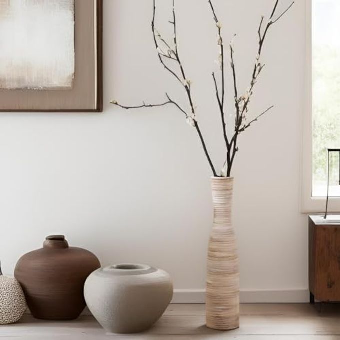 ALMA 16" Tall Floor Vase for Pampas Grass,White Brown Ceramic Centerpiece for Dresser, Skinny Pampas Grass Vessel for Floor, Entryway Table, Fireplace Decor - Image 5