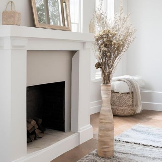 ALMA 16" Tall Floor Vase for Pampas Grass,White Brown Ceramic Centerpiece for Dresser, Skinny Pampas Grass Vessel for Floor, Entryway Table, Fireplace Decor - Image 4