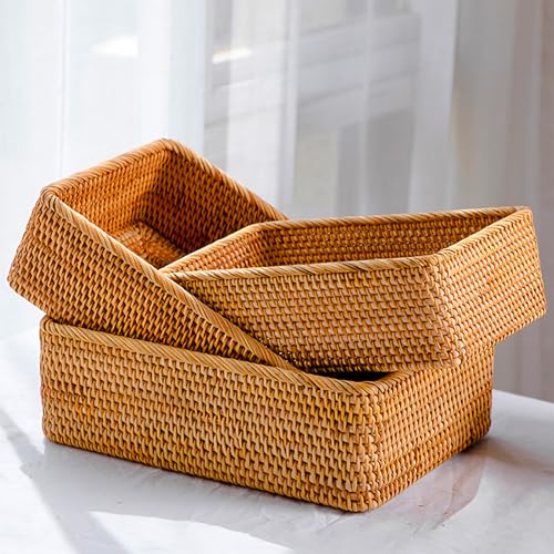 ZENFUN 3 Pack Natural Rattan Storage Baskets, Rectangular Woven Fruit Baskets for Decor, Handmade Woven Nesting Bread Baskets for Organizing, Serving, for Kitchen, Home, 3 Sizes - Image 1