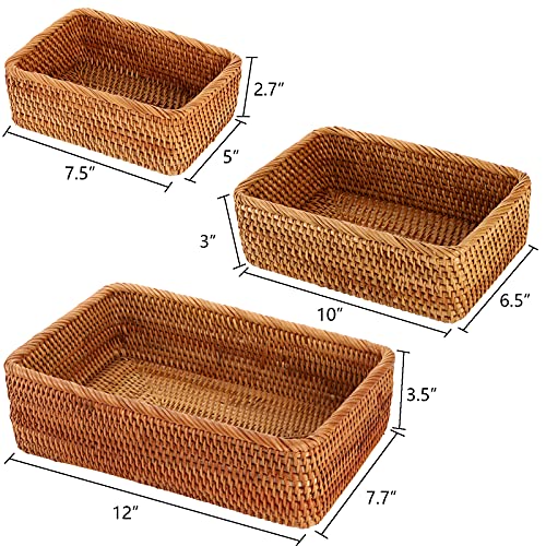 ZENFUN 3 Pack Natural Rattan Storage Baskets, Rectangular Woven Fruit Baskets for Decor, Handmade Woven Nesting Bread Baskets for Organizing, Serving, for Kitchen, Home, 3 Sizes - Image 2