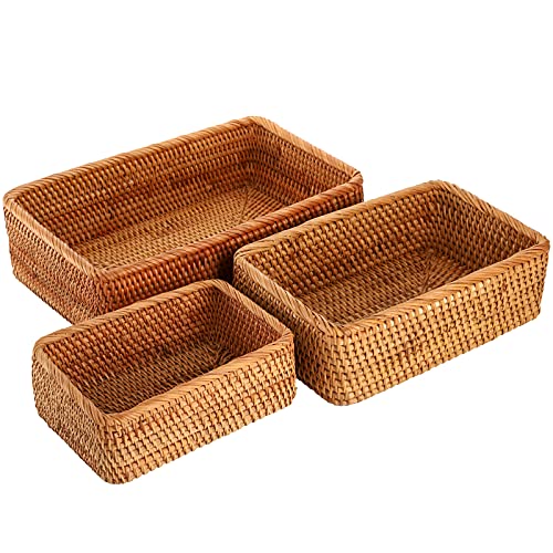 ZENFUN 3 Pack Natural Rattan Storage Baskets, Rectangular Woven Fruit Baskets for Decor, Handmade Woven Nesting Bread Baskets for Organizing, Serving, for Kitchen, Home, 3 Sizes - Image 4