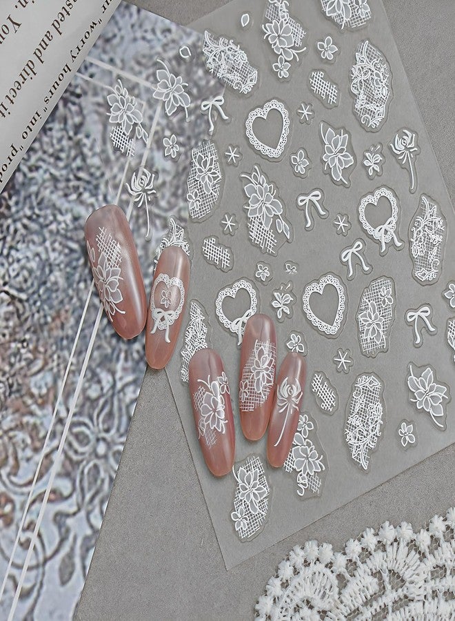 winthrop 3D White Lace Nail Art Stickers 3 Sheets, French Elegant Rose Butterfly Heart Bow Crown Nail Decals Self-Adhesive, Bridal Wedding Nail Decoration for Women, DIY Manicure Supplies - Image 5