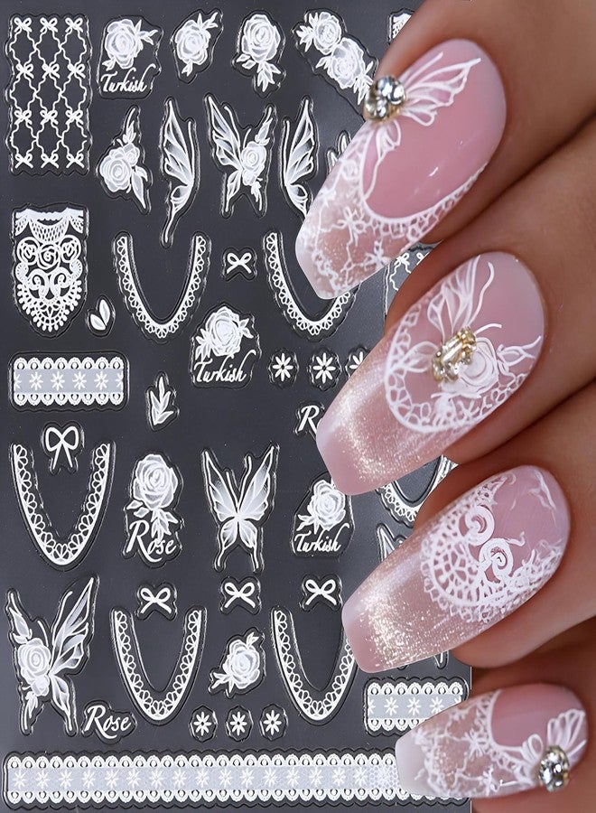 winthrop 3D White Lace Nail Art Stickers 3 Sheets, French Elegant Rose Butterfly Heart Bow Crown Nail Decals Self-Adhesive, Bridal Wedding Nail Decoration for Women, DIY Manicure Supplies - Image 3