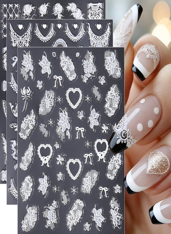 winthrop 3D White Lace Nail Art Stickers 3 Sheets, French Elegant Rose Butterfly Heart Bow Crown Nail Decals Self-Adhesive, Bridal Wedding Nail Decoration for Women, DIY Manicure Supplies - Image 1