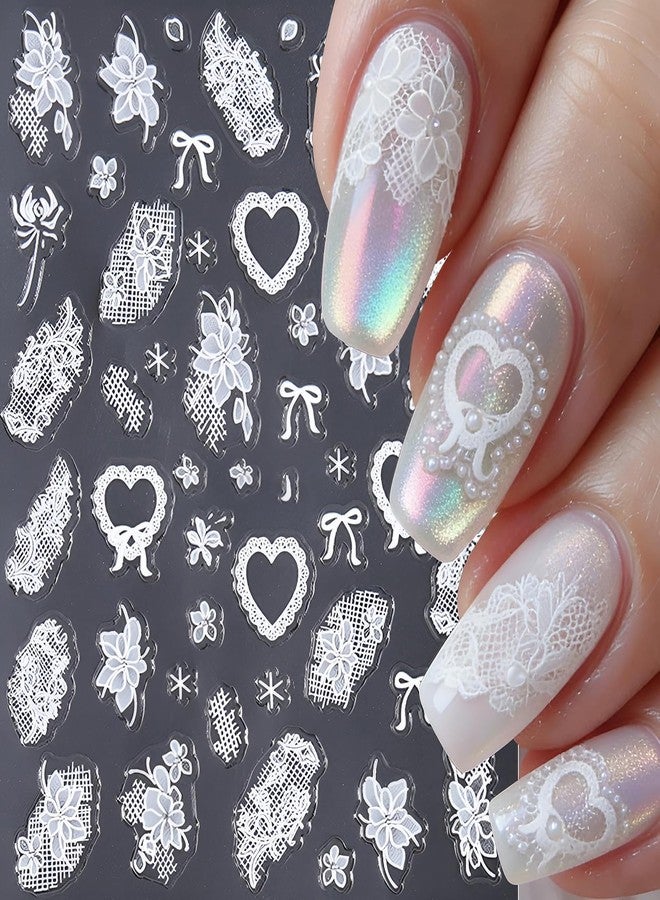 winthrop 3D White Lace Nail Art Stickers 3 Sheets, French Elegant Rose Butterfly Heart Bow Crown Nail Decals Self-Adhesive, Bridal Wedding Nail Decoration for Women, DIY Manicure Supplies - Image 2