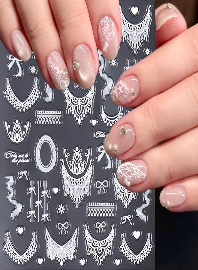 winthrop 3D White Lace Nail Art Stickers 3 Sheets, French Elegant Rose Butterfly Heart Bow Crown Nail Decals Self-Adhesive, Bridal Wedding Nail Decoration for Women, DIY Manicure Supplies - Image 4