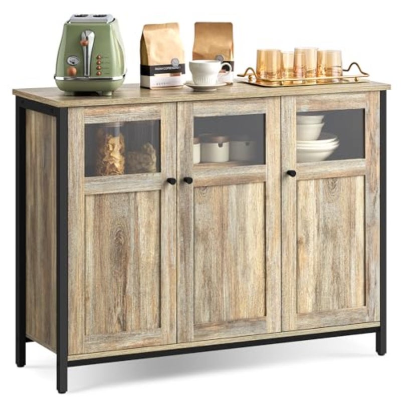 Sideboard, Buffet Table, Storage Cabinet with Glass Doors, Dining Room, Living Room, Hallway, Kitchen, Steel Frame, Industrial Style, and Ink Black LSC099B60 - Image 1