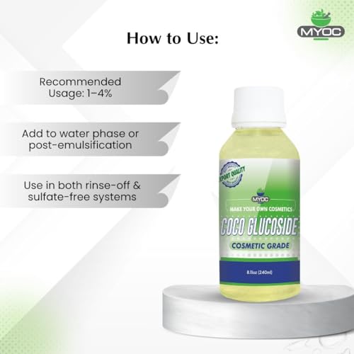 Myoc مايوك كوكو جلوكوزيد وزيت الجلسرين | مادة خافضة للتوتر السطحي من الدرجة التجميلية ووكيل إعادة الدهن لصيغ العناية بالشعر والبشرة اللطيفة | لغسول الوجه، غسول الجسم والشامبو - 240 مل / 8.11 أونصة سائلة - Image 4