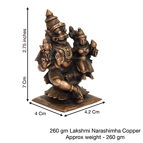 Bhimonee Decor Handmade Copper Lakshmi Narasimha Swamy Idol | 2.75 Inches | Patina Antique Finish | Divine Hindu God Statue | Lord Narasimha with Goddess Lakshmi | - Image 2