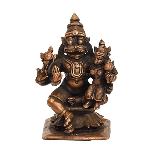 Bhimonee Decor Handmade Copper Lakshmi Narasimha Swamy Idol | 2.75 Inches | Patina Antique Finish | Divine Hindu God Statue | Lord Narasimha with Goddess Lakshmi | - Image 1