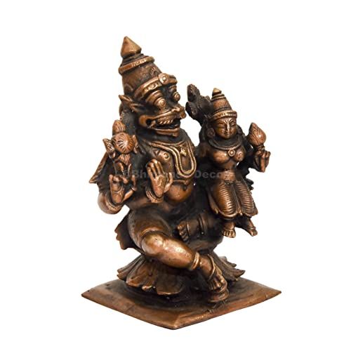 Bhimonee Decor Handmade Copper Lakshmi Narasimha Swamy Idol | 2.75 Inches | Patina Antique Finish | Divine Hindu God Statue | Lord Narasimha with Goddess Lakshmi | - Image 5