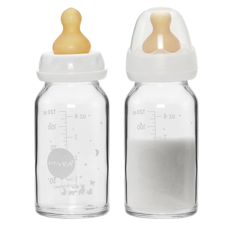 HEVEA Standard Neck Glass Baby Bottles Natural Rubber Slow Flow Nipples Anti Colic Baby Bottles for Breastfeeding Babies Newborn 0 Months BPAFree TwoPack 4 Oz