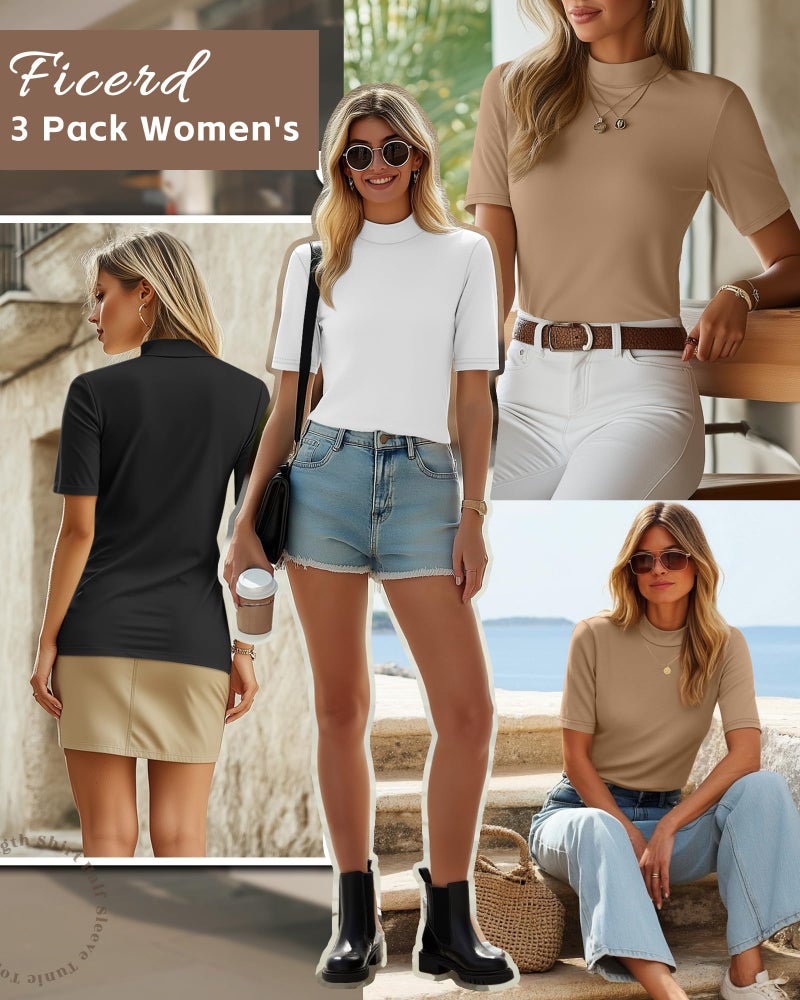 Ficerd 3 Pack Women's 1/2 Sleeve Mock Turtleneck Shirts, Elbow Length Shirt Half Sleeve Tunic Top Casual Summer Basic Tees(Black, White, Khaki,Small) - Image 4