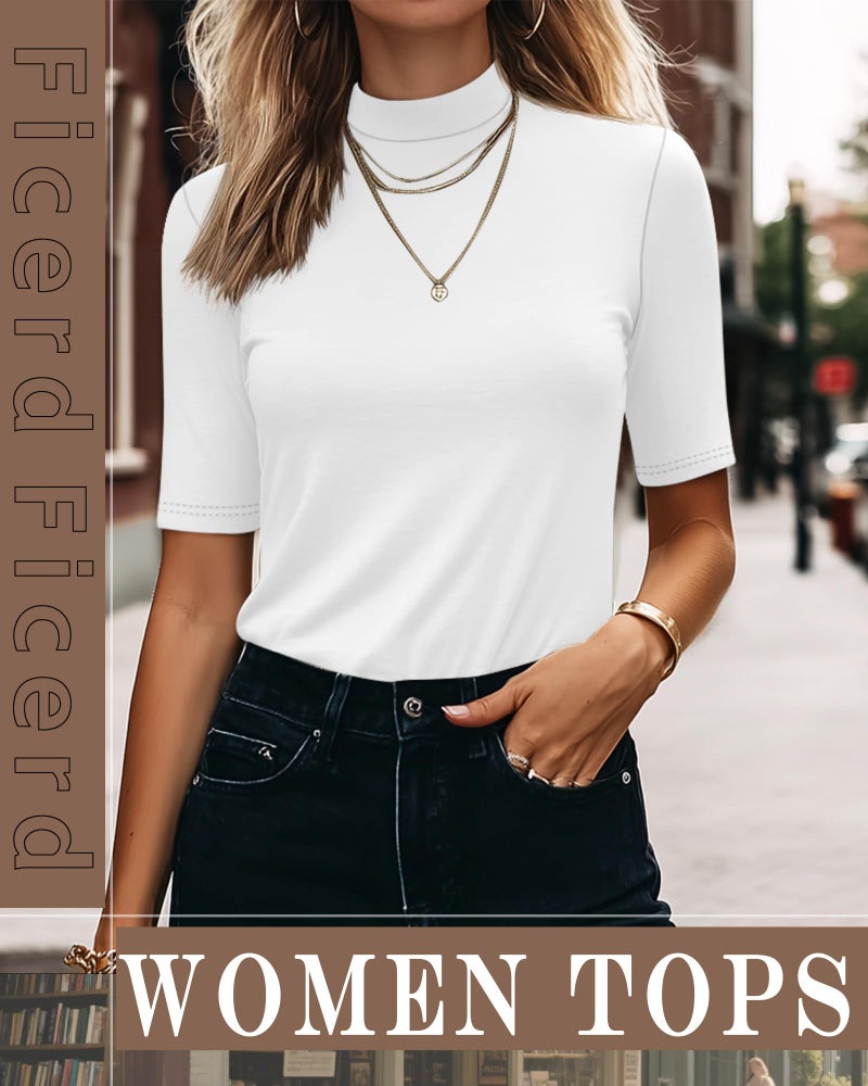 Ficerd 3 Pack Women's 1/2 Sleeve Mock Turtleneck Shirts, Elbow Length Shirt Half Sleeve Tunic Top Casual Summer Basic Tees(Black, White, Khaki,Small) - Image 3
