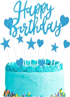 LADES Birthday Cake Toppers Set - Blue Glitter Happy Birthday Cake Toppers with 5 Stars and 5 Hearts Cupcake Toppers Cake Decoration for Children Adult Theme Birthday Party 