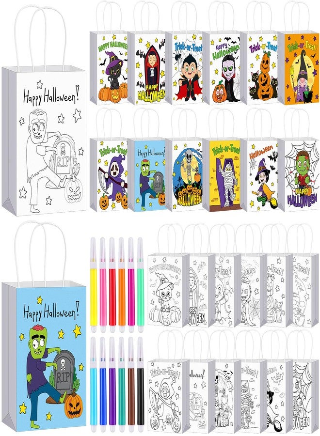 Abbylike 72 Pcs Halloween Coloring Bags DIY Trick or Treat Coloring Goodie Bags Paper Halloween Party Favor Gift Handbags Bulk with 48 Markers for Holiday Crafts Decorations Birthday Party Supplies - Image 1