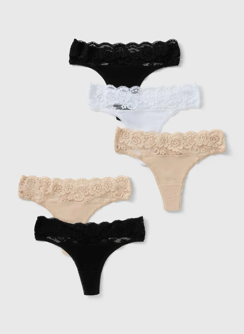 Matalan 5 Pack Multicoloured Lace Trim Thong Knickers