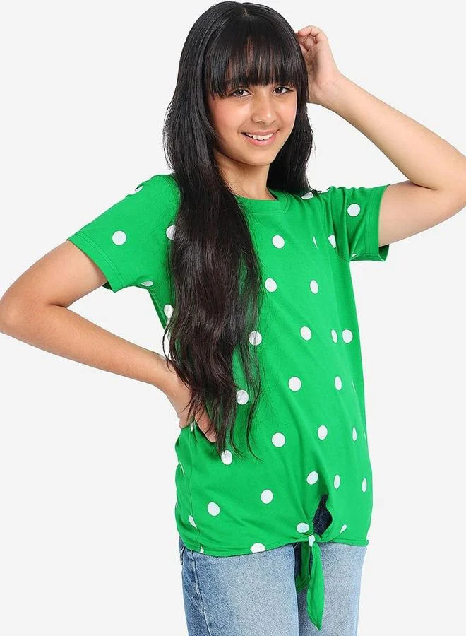 Bonkids Regular Fit Printed Green Cotton T-Shirt For Girls Round Neck Flat Collar Pull On 100 % Cotton