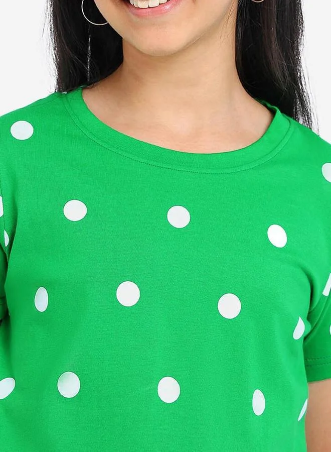 Bonkids Regular Fit Printed Green Cotton T-Shirt For Girls Round Neck Flat Collar Pull On 100 % Cotton