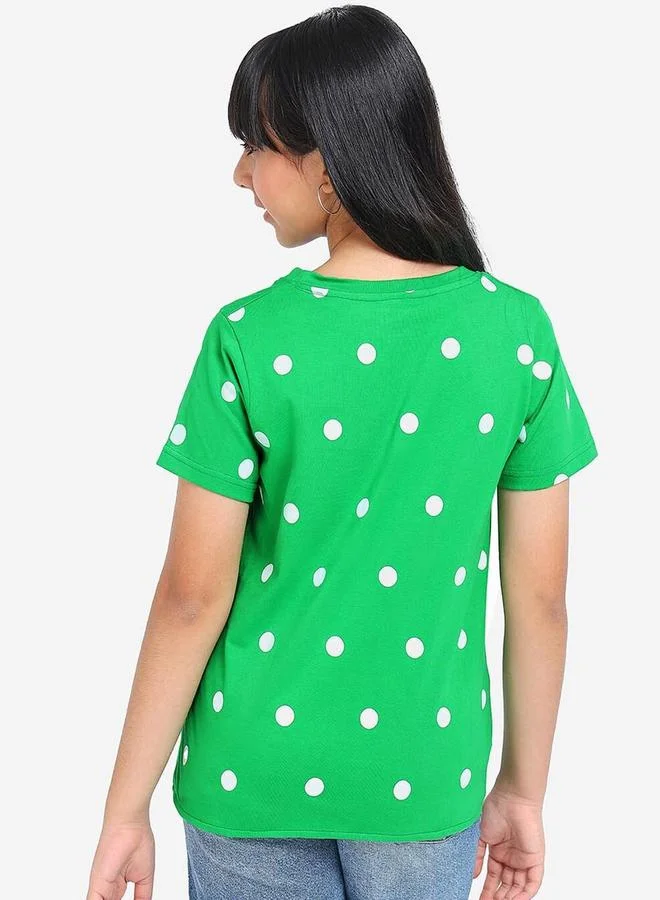 Bonkids Regular Fit Printed Green Cotton T-Shirt For Girls Round Neck Flat Collar Pull On 100 % Cotton