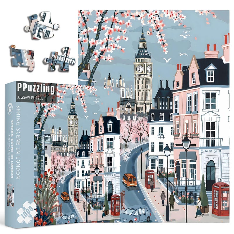 PPuzzling London Spring Puzzles for Adults 1000 Pieces European Street Landscape Jigsaw Puzzle Romantic Travel Scene Puzzle - Image 3