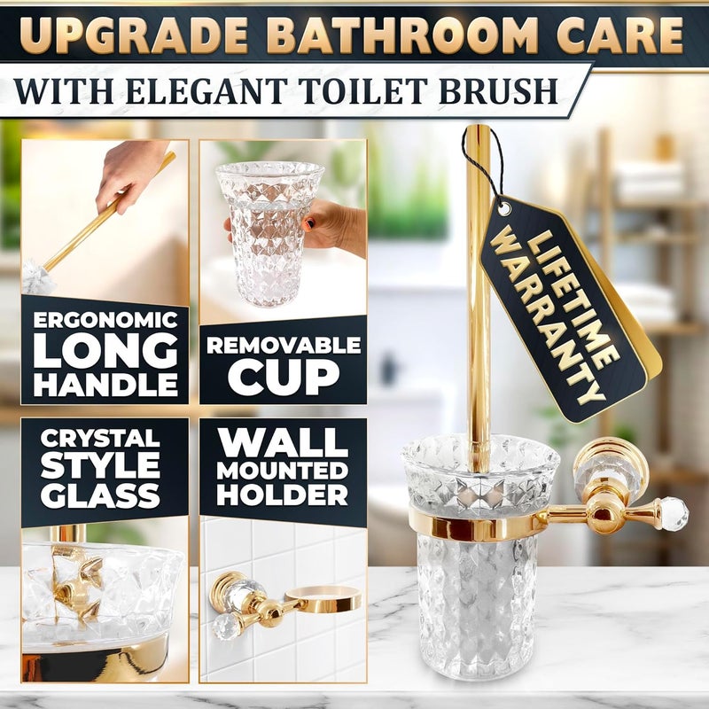 NOVSIX Gold Stainless Steel Toilet Brush with Crystal Toilet Brush Holder Set – Wall Mounted Holder, Replaceable Head, Decorative Space-Saving Design Bathroom Toilet Accessory Elegant Toilet Bowl Cleaner Set - Image 4