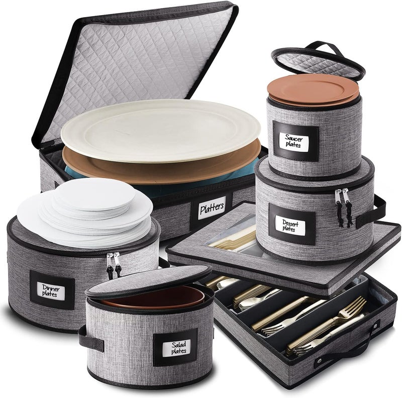 STORAGEBUD Fine China Hard Shell Dish & Utensil Storage Containers - 6 Piece Stackable Plate Storage with Dividers for Moving & Seasonal Use - Image 1