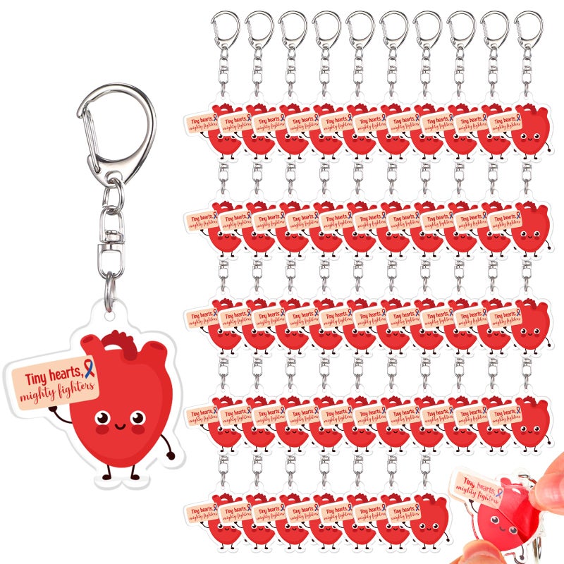 Kigeli 50 Pcs Congenital Heart Defect Awareness Keychain Bulk CHD Awareness Heart Health Motivational Acrylic Keychain Red and Blue Ribbon Design for Women Men Charity Public Activity Supplies - Image 1