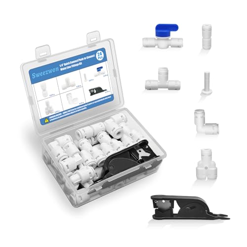 Sweezwon 1/4" Quick Connect Push-to-Connect Water Line Fittings Kit for RO/DI Water Filter, Refrigerator, Ice Maker (Ball Valve + T + L + Y + I + Professional Tubing Cutter, 24 Pcs) - Image 1
