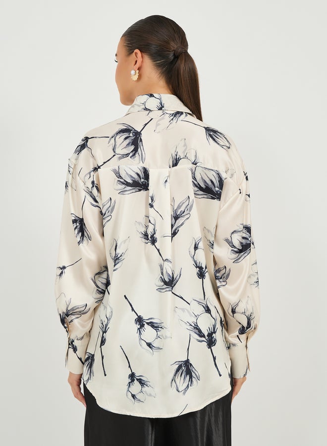 Styli Styli Oversized Satin Floral Print Collared Shirt  - Image 5