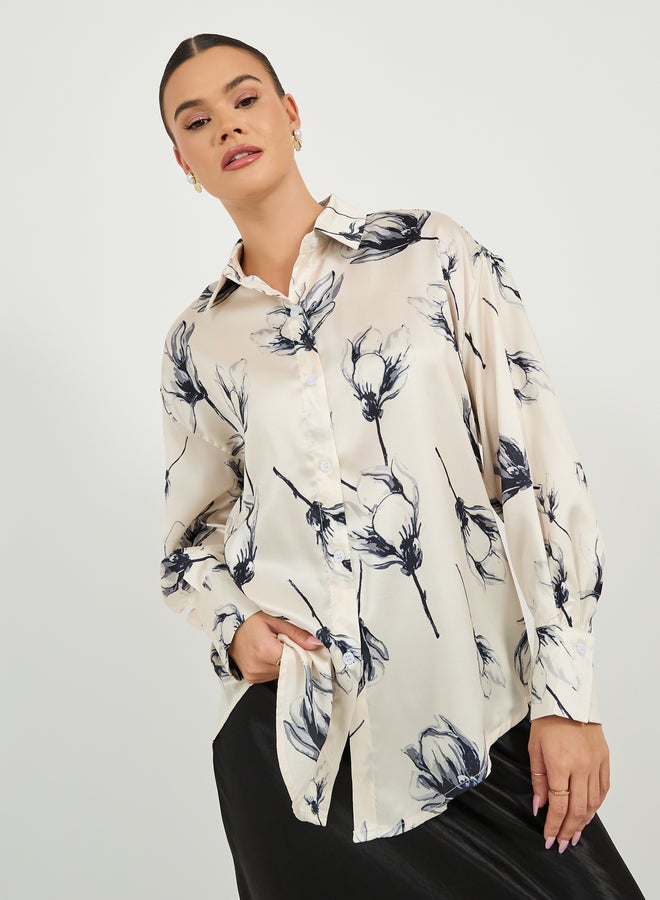 Styli Styli Oversized Satin Floral Print Collared Shirt  - Image 3