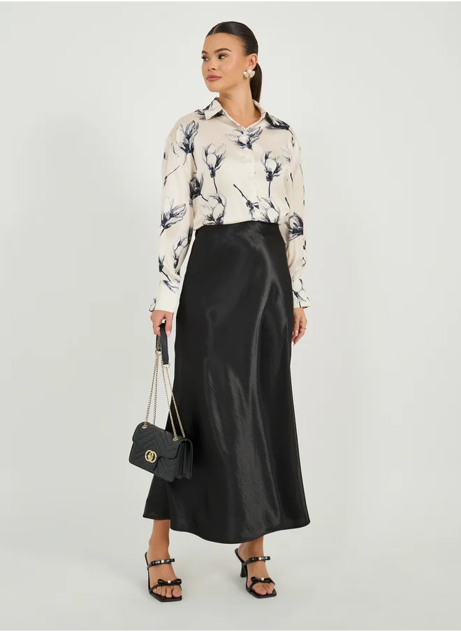 ستايلي Styli Oversized Satin Floral Print Collared Shirt