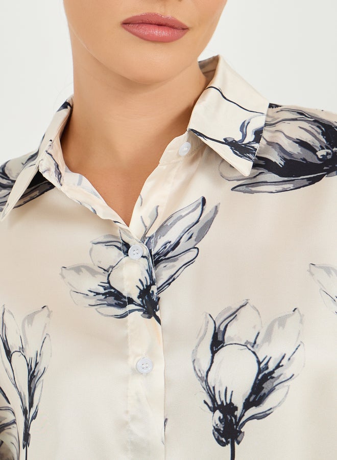 Styli Styli Oversized Satin Floral Print Collared Shirt  - Image 4