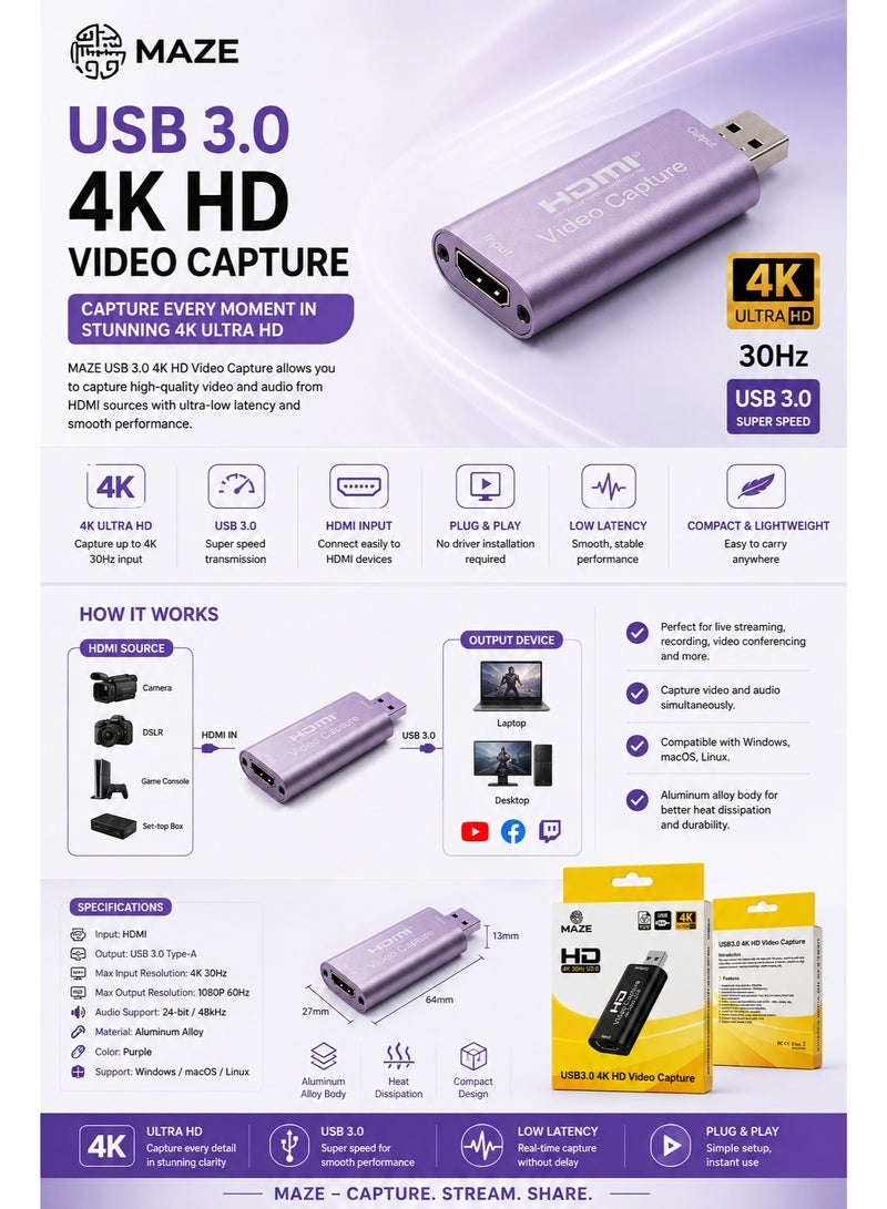 ميذ بطاقة التقاط فيديو HDMI إلى USB بدقة 4K للبث المباشر والتسجيل، جهاز التقاط ألعاب بدقة Full HD 1080P، محول التقاط صوت وفيديو HDMI متوافق مع OBS وTwitch وYouTube وZoom وأجهزة PS5 وPS4 وXbox وNintendo Switch وكاميرات DSLR وأجهزة الكمبيوتر (PC وMac وLaptop). - Image 3