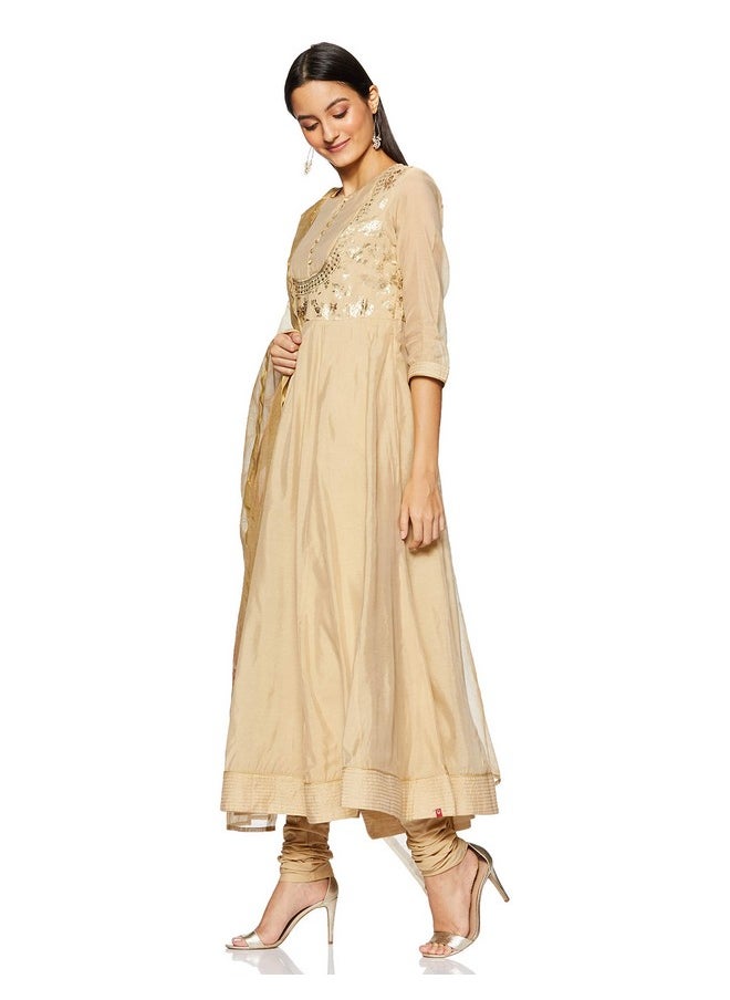 Biba - BIBA Women's Synthetic Anarkali Salwar Suit Set (SKD655142_Beige_2XL (42)) - Image 1