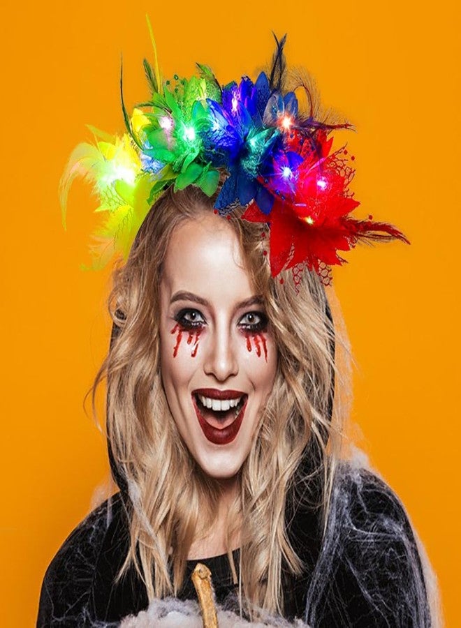 فديزاينر طوق رأس مزين بالزهور الملونة، طوق رأس مزين بالريش المضيء، إكسسوارات شعر رائعة للنساء (ملونة) - Image 3