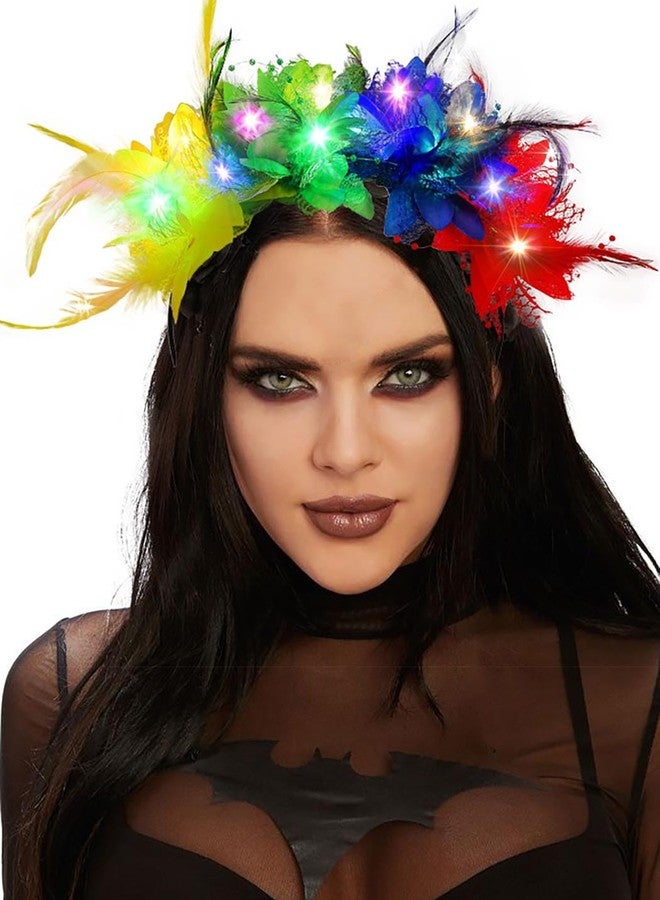 فديزاينر طوق رأس مزين بالزهور الملونة، طوق رأس مزين بالريش المضيء، إكسسوارات شعر رائعة للنساء (ملونة) - Image 1