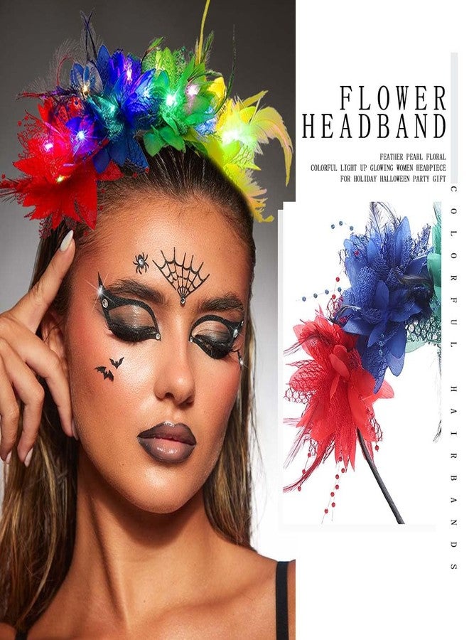 فديزاينر طوق رأس مزين بالزهور الملونة، طوق رأس مزين بالريش المضيء، إكسسوارات شعر رائعة للنساء (ملونة) - Image 4