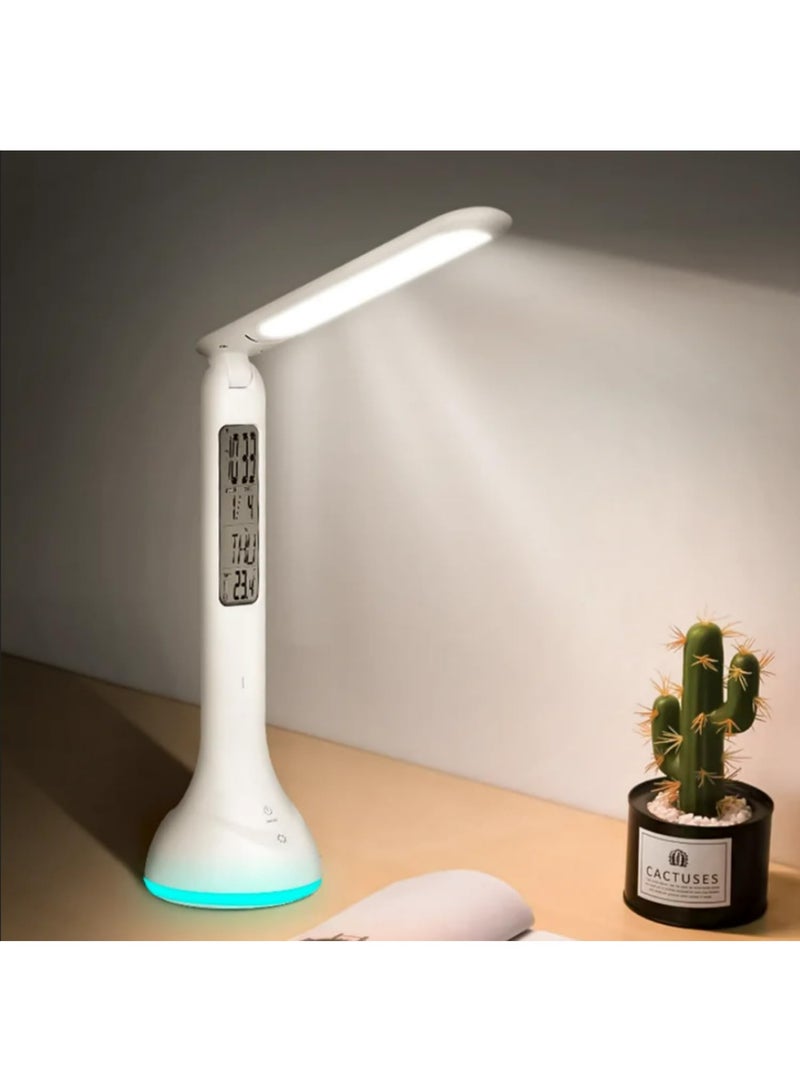 1 قطعة مصباح طاولة LED قابل للطي وقابل للتعتيم مع تقويم ودرجة حرارة وساعة منبه وأضواء غلاف جوية متغيرة الألوان - Image 2