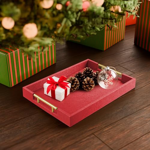 ATZYmolin 17"" x 12"" Wood Serving Tray with Gold Polished Metal Handles, Home Decorative Wooden Rectangle Ottoman Leather Decor Platter Bathroom Vanity Tray for All Occasions Red - Image 3